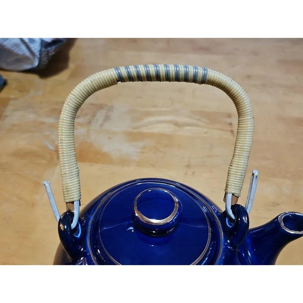 Vintage Japanese Cobalt Blue Tea Set With Gold Peacock Design - Teapot W/ 4 Cups